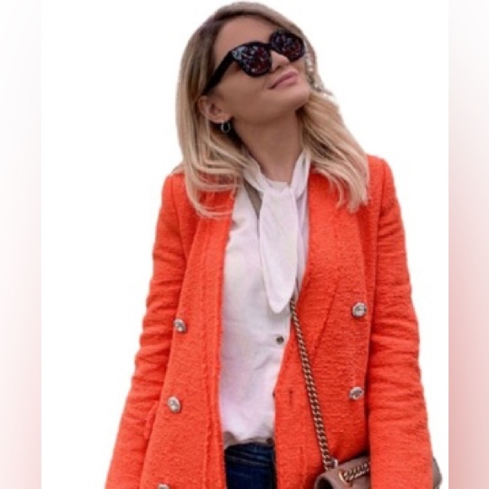 Zara Tweed Weave Jeweled Buttons Blazer Jacket Orange Size XS NEW - Picture 14 of 15